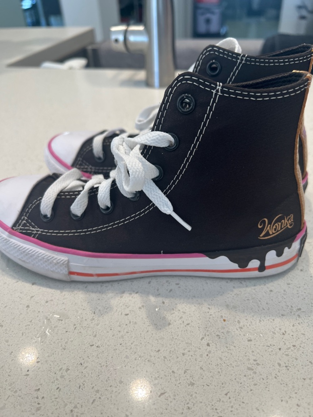 Kids' High-Top Canvas Sneakers in Black with Pink Trim